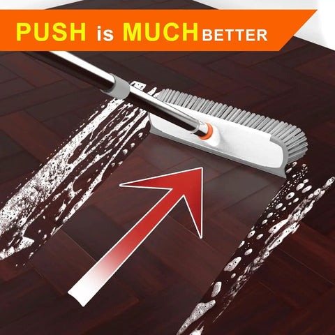 Mean 2 In 1 Deck Scrub Brush With Long Handle Heavy Duty Floor Cleaner Scrubber With Stiff Bristles And Built In Squeegee in use on wood floor