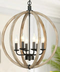Six Light Farmhouse Chandelier With Rustic Wooden Globe Orb Open Sphere Pendant Light in a natural wood and metal finish