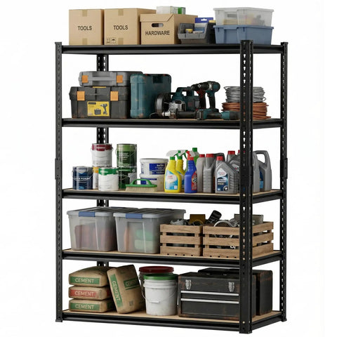Heavy Duty 5 Tier Adjustable Garage Shelving Rack With Steel Construction And MDF Boards 2400 Lbs Capacity Ultra Sturdy Garage Storage Shelf System For Tools Parts And More, loaded with tools