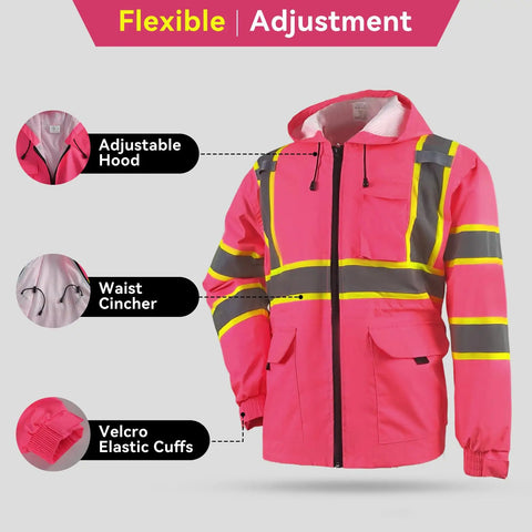 Women Hi Vis Safety Jacket With Hood Built For Work, Waterproof Winter Coat With Reflective Strips, Pink Size Large