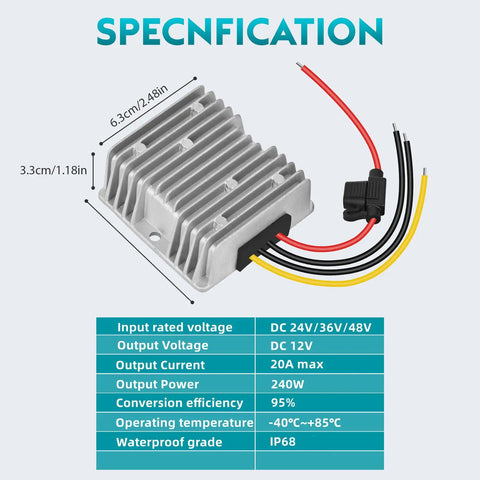 20A 240W DC-DC Step-Down Converter From 24V/36V/48V To 12V For Golf Carts, Waterproof Regulator With Aluminum Shell and Fuse