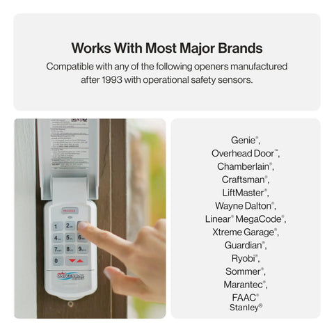 Universal Wireless Garage Door Opener Keypad For All Major Brands With Backlit Large Buttons being used on a garage frame.