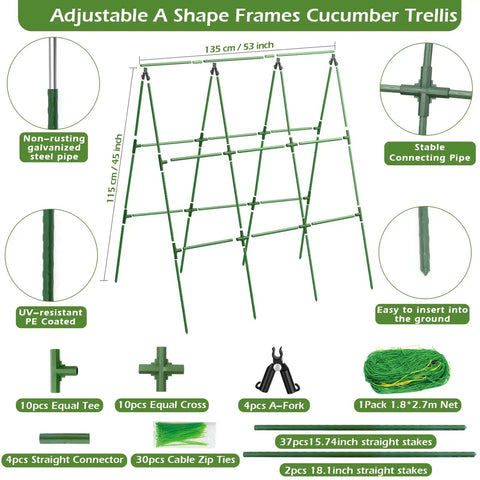 Yard-Ready Adjustable A-Frame Garden Trellis For Cucumbers And Other Climbing Plants, 45 By 53 Inch Raised Bed Support Kit.