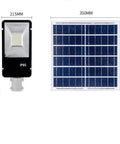 All Weather Solar Wall Lamp With Dusk To Dawn Sensor And Remote Control alongside solar panel, dimensions labeled for setup.