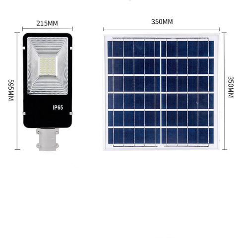 All Weather Solar Wall Lamp With Dusk To Dawn Sensor And Remote Control alongside solar panel, dimensions labeled for setup.