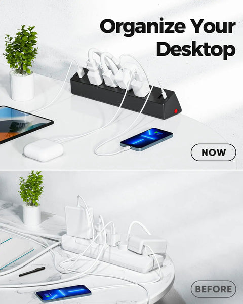 Comparison of a messy desk and organized setup with 8 In 1 Desk Clamp Power Strip With USB-C PD 20W Fast Charging