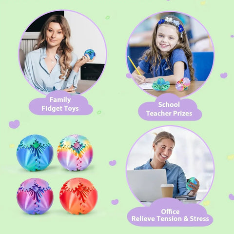 Gear Ball Fidget Toys 4 Pack For Stress Relief And Focus 3D Printed GearSphere Spin Cube Desk Toy for adults and kids.