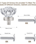 Totally Sleek Eight Piece Brushed Nickel Glass Cabinet Knob Set With Vintage Crystal Round Flower Design showing dimensions and screws