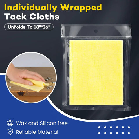 16 Pack Heavy Duty Tack Cloths For DIY Heroes Ready To Sweep Dust Like Pros Premium Cotton Mesh Wipes in individual packaging.
