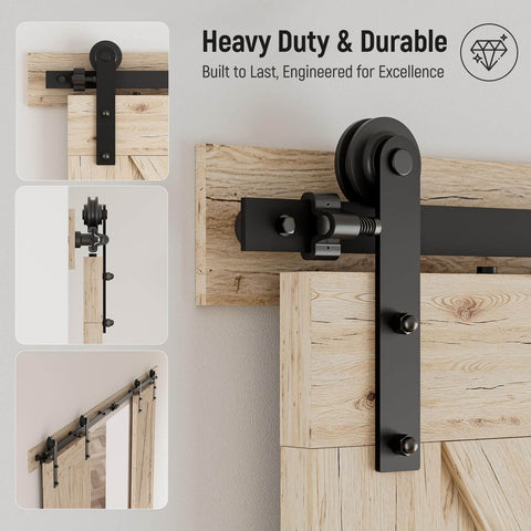 Heavy Duty Sliding Barn Door Hardware Kit for 60 Inch Wide Double Doors, 20 Foot Track, Quiet Smooth Nylon Wheels, I Shaped Hangers, Easy Install, Black Finish, Supports 330 Lb