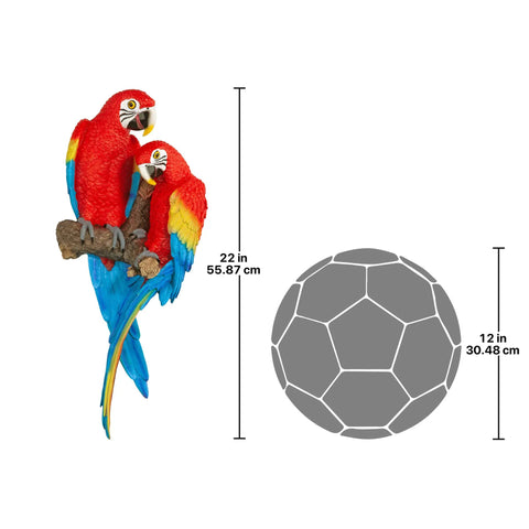 Tropical Scarlet Macaws Wall Sculpture For Living Room And Patio Bright Hand Painted Parrot Wall Art That Echoes Island Vibes South Seas Flair Colorful Exotic Bird Accent For Indoor Walls measuring 22 inches with size comparison
