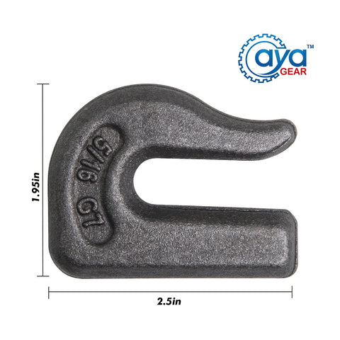 Weld-On Grab Chain Hook 5 Sixteenth Inch Heavy Duty Beefed Up Tow Hook G70 Forged Steel highlighting size dimensions