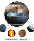 Vintage Hand Painted Blue Ceramic Vessel Sink Top Shelf Slick Gloss Finish No Hassle Easy Clean Single Basin Vanity Washbasin Complete Faucet Kit Ready To Roll on bathroom counter.