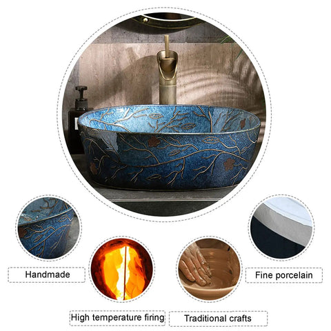 Slick Blue Ceramic Vessel Sink Featuring Hand Painted Vintage Design For Bathroom Vanity Tops with elegant leaf patterns.