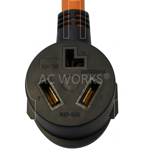 Close-up of NEMA 10-50P To 10-30R Dryer Range Adapter Cable outlet plug, black with orange jacket, showing prong arrangement.