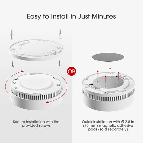 Illustration showing installation options for Foolproof Smoke Detector Featuring Ten Year Long Life Sealed Lithium Battery UL 217 Certified.