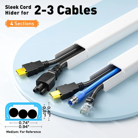 TV Cord Hider For Wall Mounts Paintable Cable Cover For 2 To 3 Wires Easy Install Wire Management For TV Cables Behind Your Flat Screen White UL94 V0 Safe Keeps Wires Hidden And Neat For A Slick Look. 4-section white raceway cover for 2-3 cables, medium size 0.94 x 0.47 in