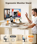 Man using U Shaped Electric Standing Desk With Keyboard Tray And Monitor Stand, 55 Inch Adjustable Sit Stand Table in white setup