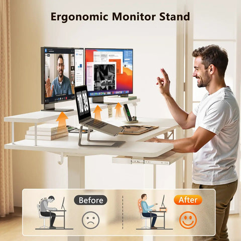 Man using U Shaped Electric Standing Desk With Keyboard Tray And Monitor Stand, 55 Inch Adjustable Sit Stand Table in white setup