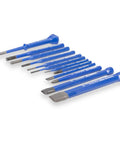 12 Piece Punch And Chisel Kit For Metalworking with aligned blue-handled chisels and punches, durable heat-treated high carbon steel