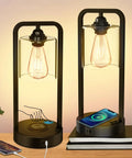 Two-Pack Wireless Charging Bedside Table Lamp Set with Touch Control, showing lamps on a desk, plants, phones charging, and books.