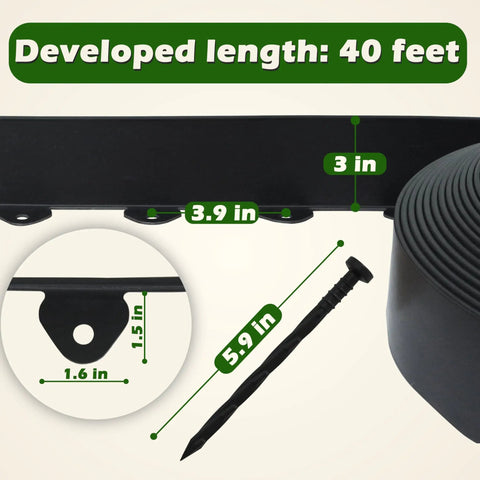 Plastic Landscape Edging Kit for Flower Beds and Pathways, 40 Foot Long and 3 Inch Tall, product dimensions and spike details