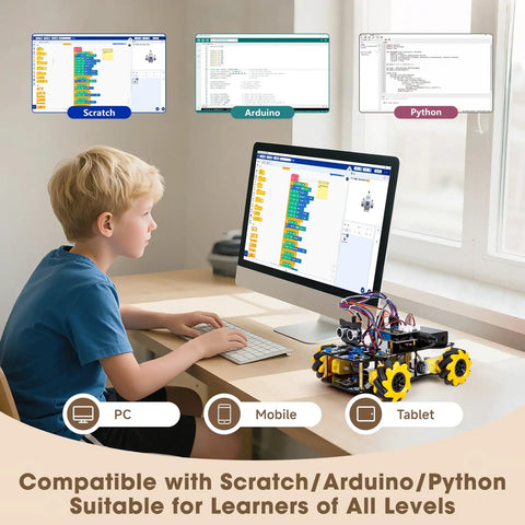 Epic Hands On Programmable Robot Kit For Kids Ages 8 To 12 And 12 To 16 With Remote And App Control ESP32 Powered Scratch And Arduino Compatible STEM Toys For Boys And Girls Yellow, boy coding robot at PC