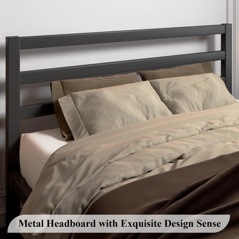 Rock Solid Queen Size Metal Bed Frame With Integrated Headboard And Reinforced Steel Slats Badass Durable Matte Black Finish close-up of headboard and pillows