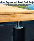 Eight Piece Floating Dock Hardware Kit with timber frame and float with 3/8 inch by 4 inch hex lag bolts in use