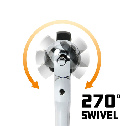 Swivel Head Three Eighths Inch Drive Ratchet Rotating 72 Tooth Mechanism With 270 Degree Head Turn 5 Degree Swing For Ultra Tight Spaces