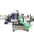 Automatic Desktop Conveyor Labeler For Round Bottles High Speed 110 Volt Label Applicator Featuring No Sweat Setup Rock Solid Build And Smooth Daily Grind Operations with metal and green belt design.