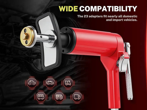 Red pneumatic tool from Air Powered Brake Caliper Wind Back Tool Kit With 23 Adapters And European Plug, 24-Piece Disc Brake Piston Rewind Set