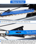 All-In-One Bike Chain Wear Gauge And Checker Tool on bike chain, aluminum alloy, step-by-step usage guide shown
