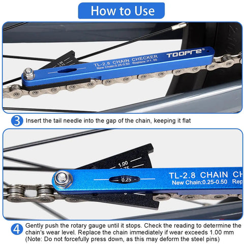 All-In-One Bike Chain Wear Gauge And Checker Tool on bike chain, aluminum alloy, step-by-step usage guide shown