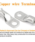 Close-up of tinned copper terminal connectors from 48 Piece Battery Tinned Copper Terminal Connectors Kit With Heat Shrink Tubing Includes AWG 1 0 2 0 3 0 4 0 Crimp Ring Lugs For Car Truck Marine Applications Heavy Duty Wiring Assortment