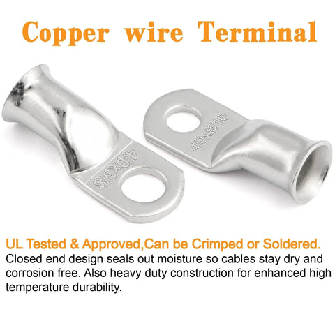 Close-up of tinned copper terminal connectors from 48 Piece Battery Tinned Copper Terminal Connectors Kit With Heat Shrink Tubing Includes AWG 1 0 2 0 3 0 4 0 Crimp Ring Lugs For Car Truck Marine Applications Heavy Duty Wiring Assortment