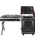 Heavy Duty 12U Server Rack Cabinet Built Tough For IT Network Rigs And Pro Audio Gear Featuring Hassle Free Adjustable Mounting Rails Sleek Black Finish With Solid Table Stand, DJ mixer setup with speakers.