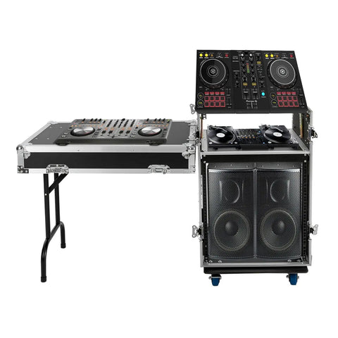 Heavy Duty 12U Server Rack Cabinet Built Tough For IT Network Rigs And Pro Audio Gear Featuring Hassle Free Adjustable Mounting Rails Sleek Black Finish With Solid Table Stand, DJ mixer setup with speakers.