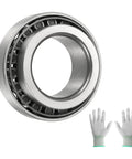 Tapered Roller Bearing Cone And Cup Set For 1.5 Inch Bore, 2.717 Inch Outer Diameter, 1.031 Inch Width, Chrome Steel High Strength Bearing Kit For Heavy Loads, Smooth Spins And Durable Performance, shown with gloves