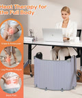 Woman using Under Desk Foot Warmer With 12 Hour Timer 8 Heat Levels Foldable Portable Space Heater For Legs And Feet Quiet Safe Anti Tilt Panel your go-to office comfort heater that keeps you toasty grey under a desk