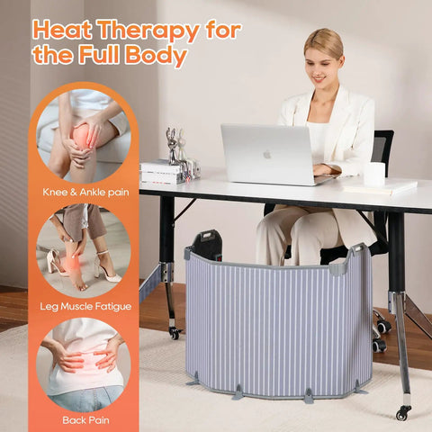Woman using Under Desk Foot Warmer With 12 Hour Timer 8 Heat Levels Foldable Portable Space Heater For Legs And Feet Quiet Safe Anti Tilt Panel your go-to office comfort heater that keeps you toasty grey under a desk
