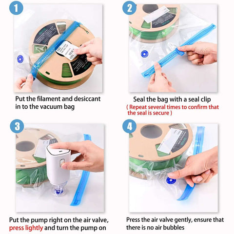 Steps to use Premium 30 Pack Large 32x34cm Vacuum Sealed Filament Storage Bags Kit With Auto Pump 30 Desiccants And Clips No Fuss for 3D Filament.