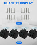 Heavy Duty 1.5 Inch Slick Rolling Casters Set Of Four Featuring Rock Solid Wheel Brakes and Rust Free Stainless Steel Bolts For Hassle Free Setup, showing different pack sizes.