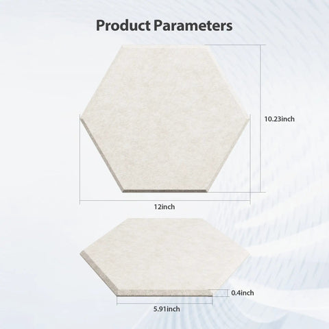 Product dimensions of 12 Pack Hexagon Acoustic Panels Self Adhesive Sound Proof Foam Beige showing sizes 12inch and 5.91inch.