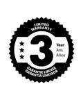 Limited warranty badge for 3 years in English, French, and Spanish with stars and bold number 3.