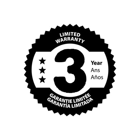 Limited warranty badge for 3 years in English, French, and Spanish with stars and bold number 3.