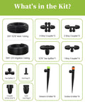 Drip Irrigation System Kit With Adjustable Stream And Vortex Emitters components including tubing, couplers, and splitters