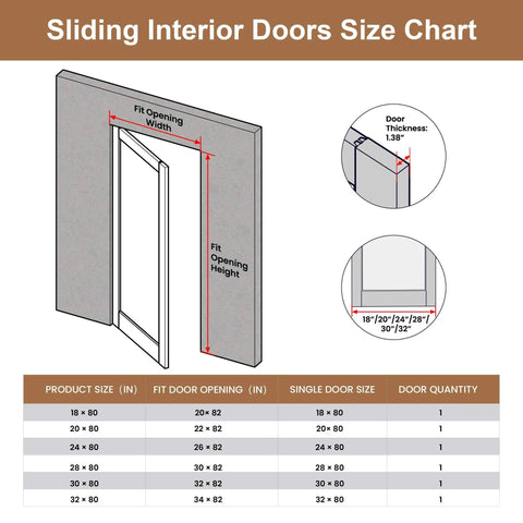 Sliding Interior Doors size chart with dimensions and specifications for door openings and thickness.