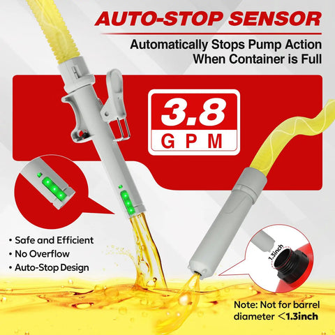 Auto-stop sensor feature of Portable Fuel Transfer Pump With Auto Stop 3.8 GPM 51 Inch Hose Battery Or USB Powered.