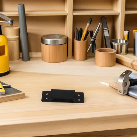 Heavy Duty Hidden Door Hinge 5 Inch Black Square Pivot on wooden desk with tools in workshop setting